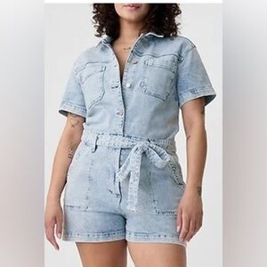 Gap Denim Romper Women 14 Light Wash Acid Button Zip Tie Pockets Western Cotton